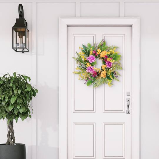 24" Pink, Orange & Yellow Spring Peony & Winter Jasmine Floral Wreath